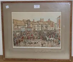 Geoffrey Sparrow, Meet of the Crawley & Horsham in the Carfax, Boxing Day 1948, hand-coloured etching