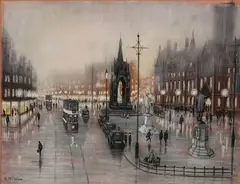 Bernard McMullen, View of Albert Square, Manchester, pastel and charcoal
