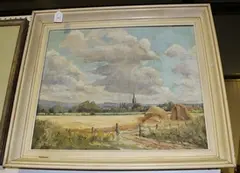 W.K. Towell, View across a Cornfield towards Chichester Cathedral, oil on board