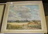W.K. Towell, View across a Cornfield towards Chichester Cathedral, oil on board
