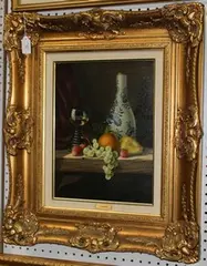 J. Fermor, Still Life Study of Fruit, a Glass of Wine and a Bottle Vase, oil on canvas