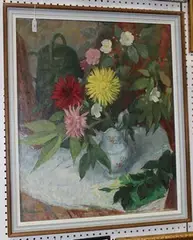 C.A. Morris, Still Life Study of Chrysanthemums and Dog Roses in a Pottery Jug, oil on canvas