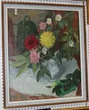 C.A. Morris, Still Life Study of Chrysanthemums and Dog Roses in a Pottery Jug, oil on canvas