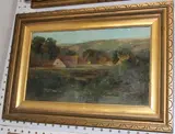 Kate Amphlett, View of a Farm across a Pond, oil on board