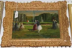 E. Amadeo, Figures in a Parkland, oil on panel