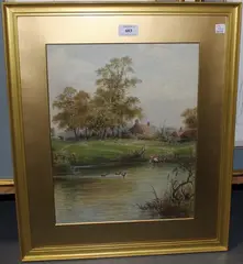 Fred Miller, Woman at a Duckpond, a Farmstead beyond, watercolour and gouache