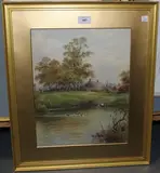 Fred Miller, Woman at a Duckpond, a Farmstead beyond, watercolour and gouache