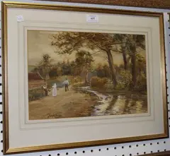 Figures on a Riverside Lane by Joseph Jobling, watercolour with gouache, sold Dec 2014