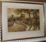 Joseph Jobling, Figures on a Riverside Lane, watercolour with gouache