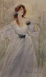 A. K. MacDonald, Portrait of an Elegant Art Deco Lady holding a Cane, watercolour with gouache
