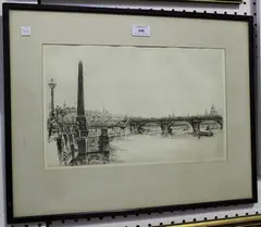 Frederick Farrell, View of the River Thames with Cleopatra's Needle and Waterloo Bridge, monochrome etching