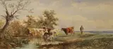 Henry Earp Senior, Landscapes with Cattle watering, a pair of watercolours with gouache
