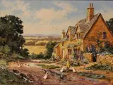 Richard Telford, Figure feeding Geese outside a Cottage, oil on canvas