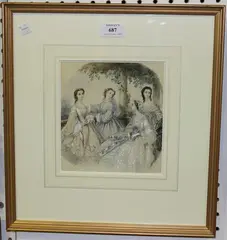 Portrait Group of Four Ladies of Fashion on a Terrace by Adele-Anais Toudouze, watercolour heightened with white, sold Dec 2014