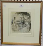 Adele-Anais Toudouze, Portrait Group of Four Ladies of Fashion on a Terrace, watercolour heightened with white