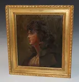 F.T. Nicholson, Head and Shoulders Portrait of a Young Woman wearing a Green Cloak and Cream Blouse, oil on canvas