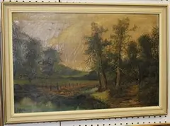 J.D. Morris, View of a Woodland Path and River, oil on canvas