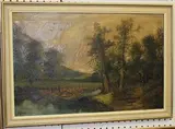 J.D. Morris, View of a Woodland Path and River, oil on canvas
