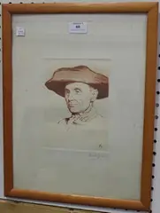 Albert Gianini, Head and Shoulders Portrait of a Man wearing an Unusual Hat, sepia etching