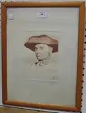 Albert Gianini, Head and Shoulders Portrait of a Man wearing an Unusual Hat, sepia etching