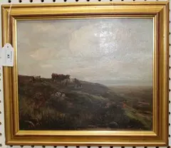 A. Raistrick, View of Cattle on a Heath, oil on board
