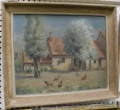 Lucien Margottet, Chickens in a Farmstead, oil on canvas laid on board
