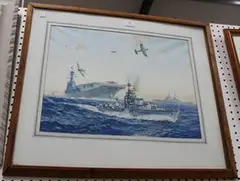 Carrington Birch, Battle Scene with an Aircraft Carrier, Planes and Gunboat, watercolour and gouache