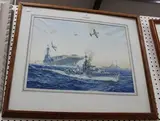 Carrington Birch, Battle Scene with an Aircraft Carrier, Planes and Gunboat, watercolour and gouache