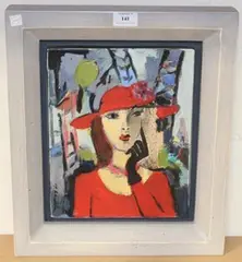 M. Bandelon, Bust Length Portrait of a Lady in Red, mixed media