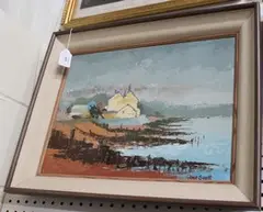 Joan Scott, Landscape with Houses and Hills overlooking a Lake, oil on board