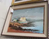 Joan Scott, Landscape with Houses and Hills overlooking a Lake, oil on board