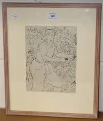 Anne Rees-Mogg, Study of a Woman and Child picking Berries, 1948, pen and ink drawing