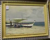 João Moreira, Coastal View with Figures around a Boat, oil on canvas