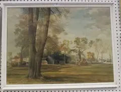 Rural Landscape with Barn and Houses by Alwyn Crawshaw, oil on canvas laid on board, sold Oct 2014