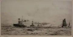 William Lionel Wyllie, Patrol of Ships, monochrome etching