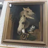 T.G. Preston, Study of Two Horses and Two Birds at a Stable Door, oil on canvas