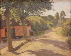 C.F. Beck, View of Chickens on the Side of a Road, oil on canvas