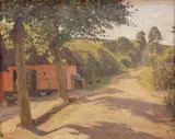 C.F. Beck, View of Chickens on the Side of a Road, oil on canvas