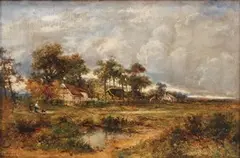Carl Brennir, Landscape with Two Figures walking a Dog, oil on canvas
