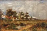 Carl Brennir, Landscape with Two Figures walking a Dog, oil on canvas