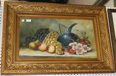 H. Walton, Still Life Study of Grapes, Other Fruit, Flowers and a Ewer, oil on board