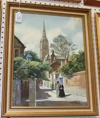 Bert Pugh, Sunday Morning in the Close, Salisbury, oil on canvas