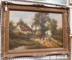 Chas Vickers, Figures outside a Thatched Cottage, oil on canvas