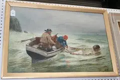 Frank Mills, Two Fishermen hauling in the Nets, oil on canvas