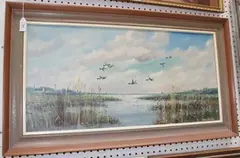 Henry Stanton, Ducks flying above a Marshland, oil on canvas