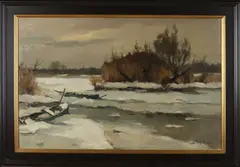 S. Wijnhoven, Winters riviergezicht, Olieverf op linnen