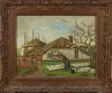 Boerin legt was uit bij bloesemboom by Onduid. gesig., Olieverf op linnen, sold Oct 2021
