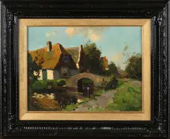 H. Endlich, (Jan Knikker), Dorpsgezicht met gracht, Olieverf op linnen
