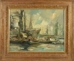 J. v.d. Heijden, Havengezicht Rotterdam, Olieverf op paneel