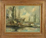 J. v.d. Heijden, Havengezicht Rotterdam, Olieverf op paneel
